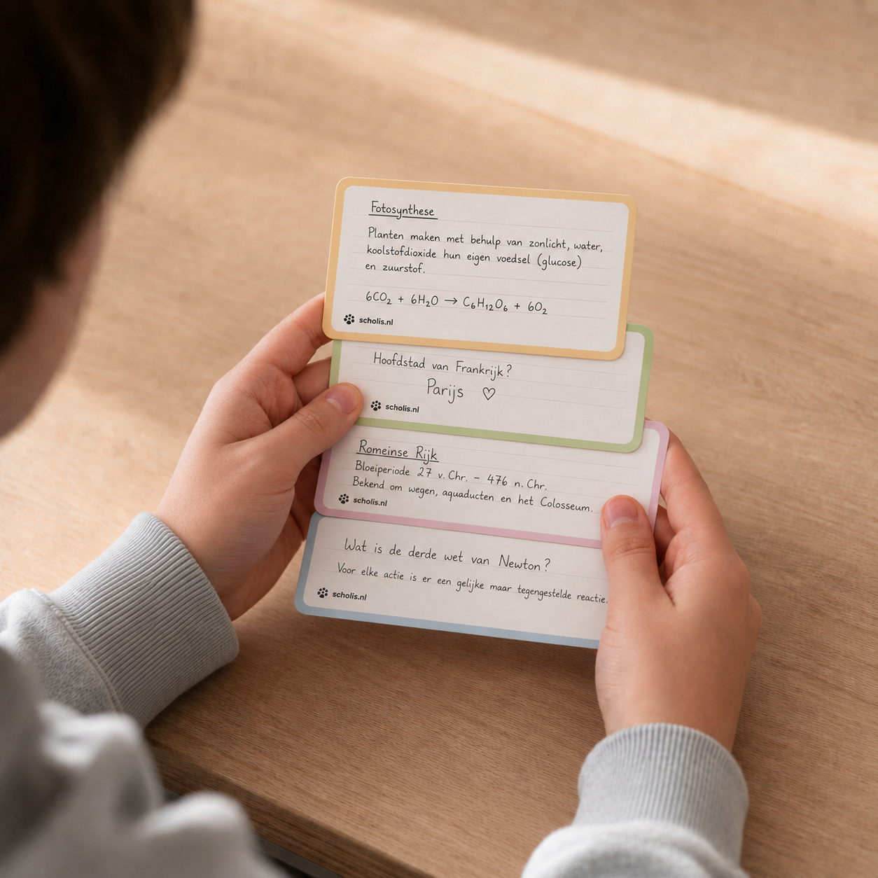 Leerling herhaalt studievragen op Scholis flashcards in pastelkleuren — toetsvoorbereiding middelbare school